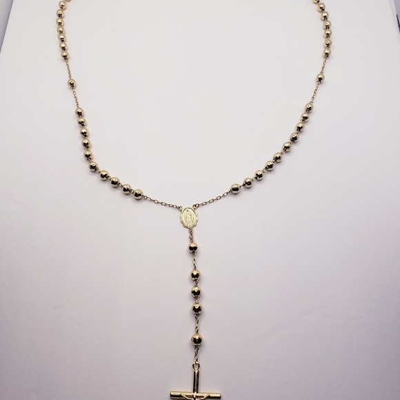 14K Solid Gold 6mm Bead Ball Rosary Necklace 26" Guadalupe Rosario Collar Oro - Picture 11 of 16